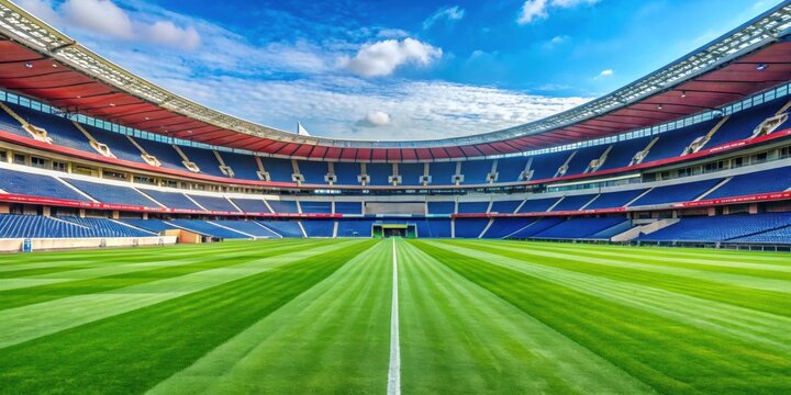Lush green interior lawn of Paris-Saint-Germain (PSG) stadium, the Parc des Princes in Paris, France, PSG, football, soccer, stadium