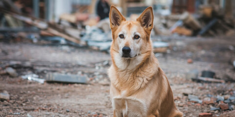 A loyal-looking dog sits amidst a construction site, surrounded by debris and building materials.