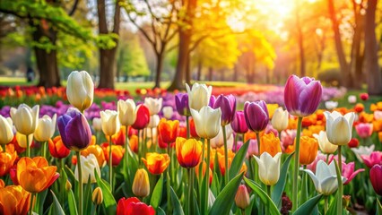 Obraz premium Colorful tulips flowers blooming in a vibrant park setting, tulips, flowers, colorful, vibrant, spring, blooming, garden, petals
