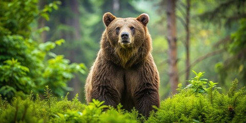 Obraz premium Big brown bear standing tall in a lush green forest , bear, wildlife, nature, forest, wilderness, animal, mammal, fur, outdoors