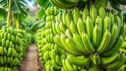 Green tropical banana fruits close-up on banana plantation, banana, tropical, fruits, green, close-up, plantation, agriculture