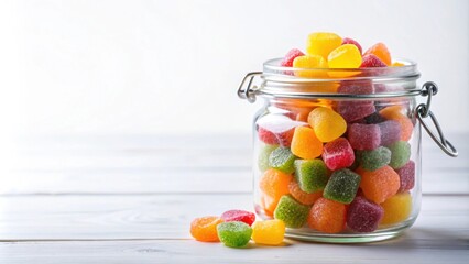 Naklejka premium Colorful and delicious fruit jelly gummy vitamins in a glass jar on a white background, health, nutrition, supplements, vitamins