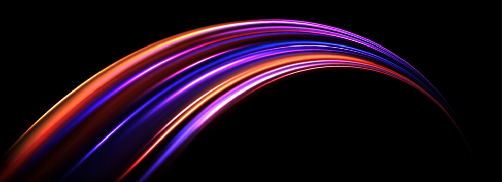 Glowing neon light trail background. Red pink purple arch speed lines. Magic luminous curved swirl concept. Abstract spiral dynamic rotating stripes. Curve streaks for poster, banner, flyer. Vector