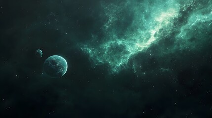 Obraz premium A Single Planet and Moon Orbiting Through a Nebula in the Vastness of Space