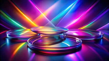 Glass geometric plates on abstract purple background with rainbow light refraction, glass, geometric, plates, abstract