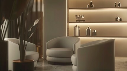 Interior Design Mockup of a Stylish Salon Featuring Armchairs and Accessory Shelf