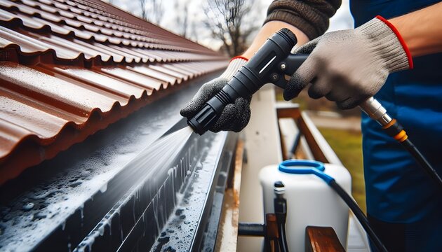 Professional Roofer Power Washing a Red Metal Roof Surface. The focus is on home maintenance and professional cleaning techniques – Generative AI