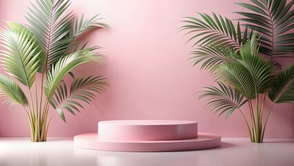 Fototapeta premium Pink pastel podium with exotic palm leaves display for showcasing products , pink, pastel, podium, exotic, palm leaves