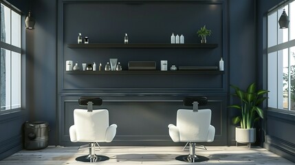 Stylish Salon Interior Design Mockup: Armchairs and Accessory Shelf Display