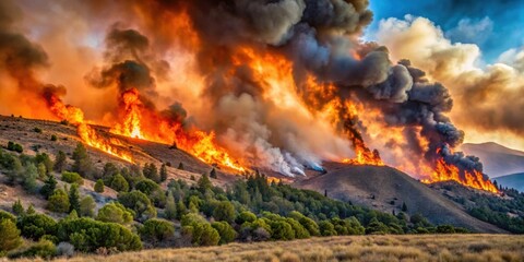 Wildfire burning on a hillside in rural Nevada, wildfire, hillside, rural, Nevada, disaster, destruction, flames