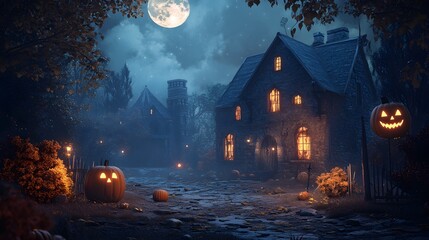 3D illustration of a Halloween concept background of realistic horror house and creepy street with moonlight