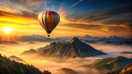 Fototapeta premium Hot air balloon floating above a high mountain at sunset , adventure, travel, exploration, aerial, scenic, landscape