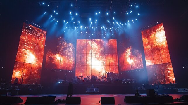 A concert stage with a large video wall displaying 