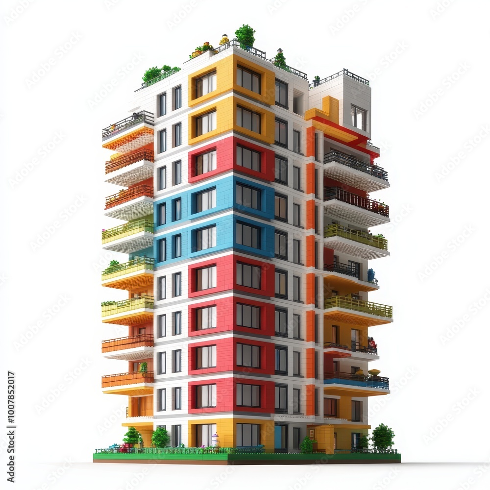 Poster a colorful modern apartment building with balconies and greenery on multiple levels.