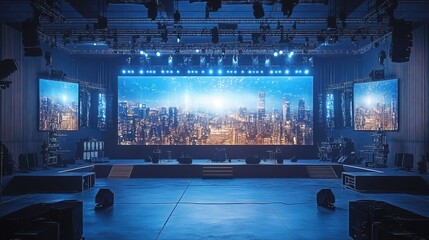 A concert stage with a large video wall displaying 