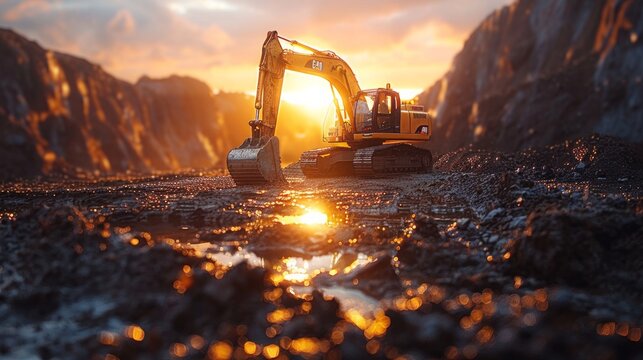 Yellow excavator with its bucket raised in a quarry at sunset, sun reflecting on wet ground. AI generative. .
