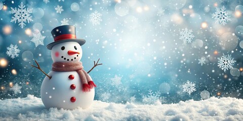 Fototapeta premium Christmas card featuring a cute snowman surrounded by falling snowflakes , snowman, snow, winter, holiday, greeting card, festive