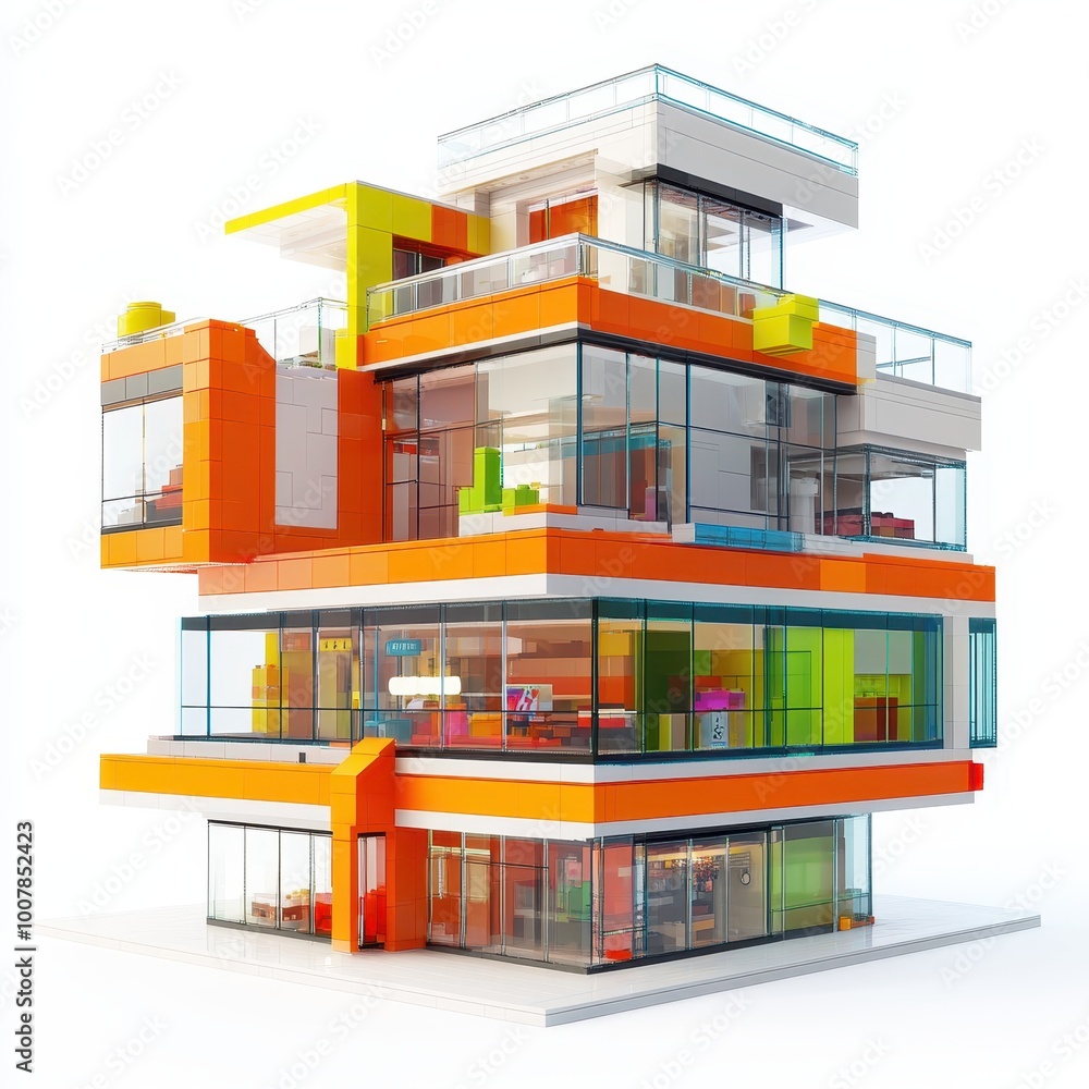Aufkleber a colorful modern building design made with blocks, showcasing multiple levels and balconies.