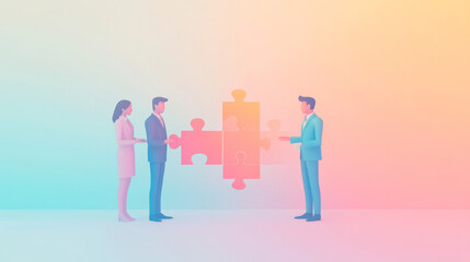 Fototapeta premium Three businesspeople stand together, holding puzzle pieces that fit together.