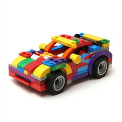 A colorful toy car made from interlocking plastic blocks, designed for creative play.