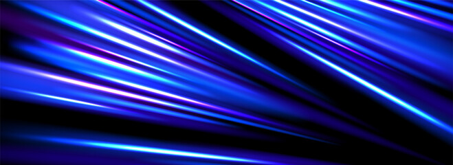 Neon glowing dynamic stripe background. Bright blue speed light effect. Exposure trail flare line texture. Luminous laser rays or beams wallpaper design. Futuristic neon speedy streak backdrop. Vector