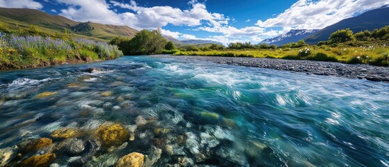 Naklejka premium A serene river flows through a vibrant landscape under a bright blue sky with fluffy clouds.