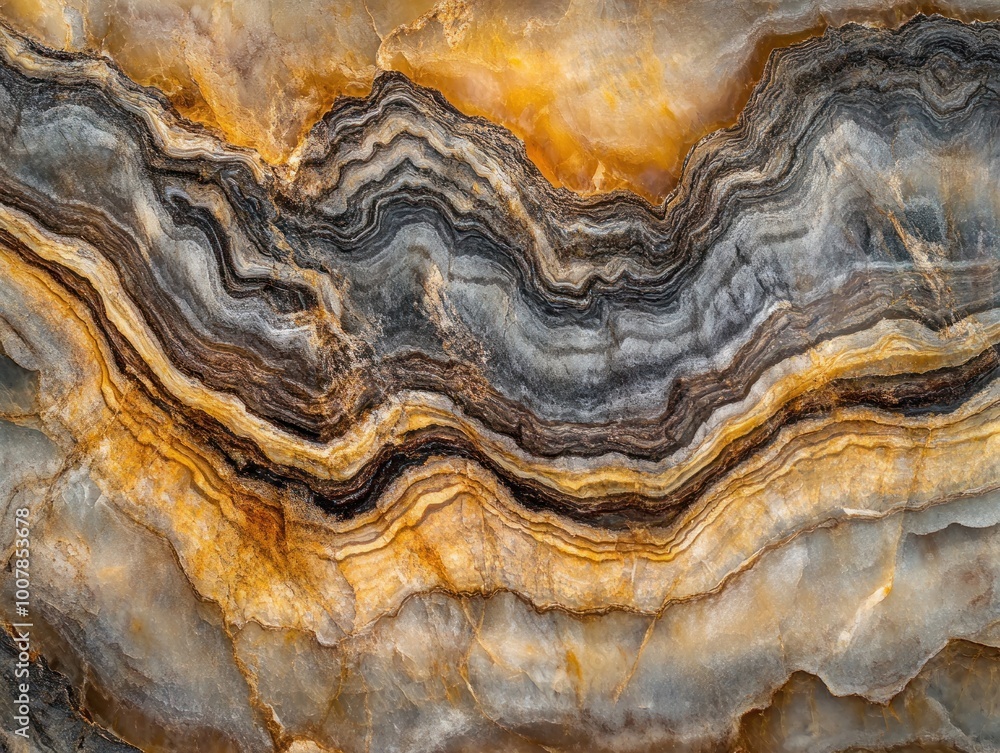 Poster a close-up view of layered agate stone showcasing rich colors and intricate patterns.