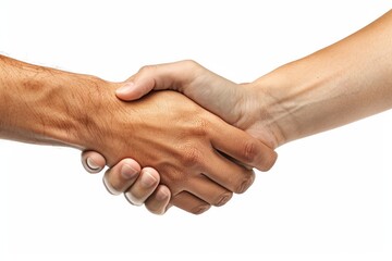 Two hands shaking, one dark skin tone, one light skin tone, isolated on white background. AI generative. .