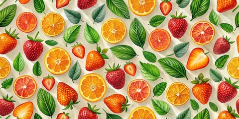 Naklejka premium Vibrant seamless pattern of colorful strawberries and oranges with dark leaves on a light background, fruity