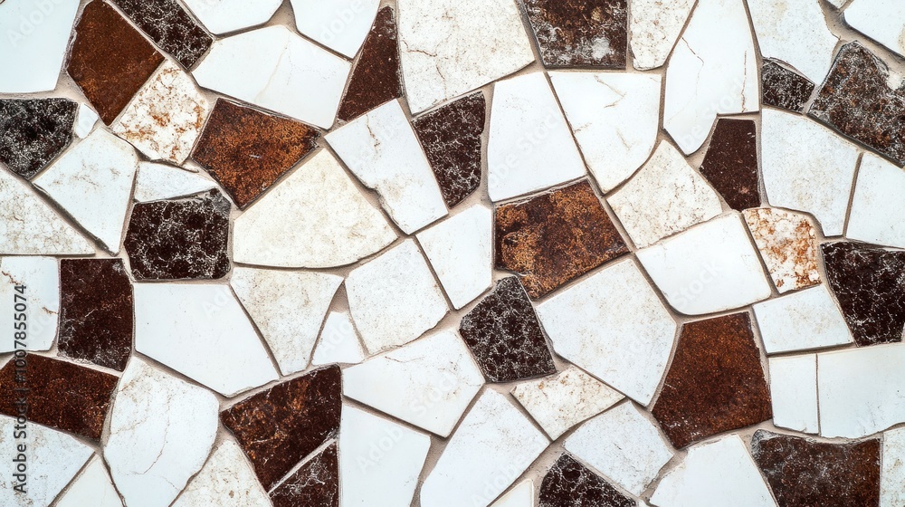 Poster a mosaic of irregularly shaped tiles in earthy tones, creating a textured surface.