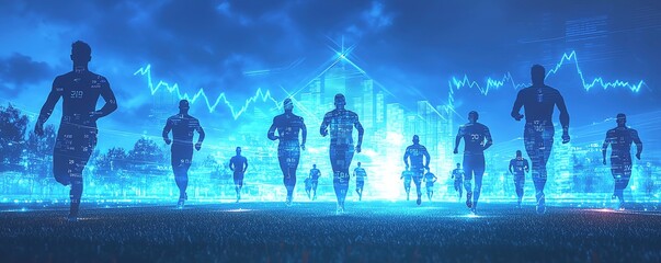 Silhouettes of athletes on a field, overlaid with stock market arrows, symbolizing the business growth driven by sports success