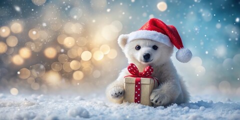 Fototapeta premium Polar bear cub in Santa hat holding a gift box in snowy scene with bokeh lights, polar bear, cub, Santa hat, gift box