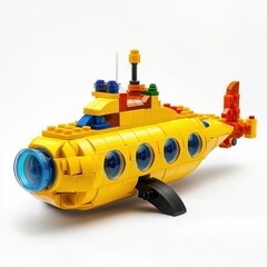 A colorful toy submarine made of interlocking blocks, designed for imaginative play.