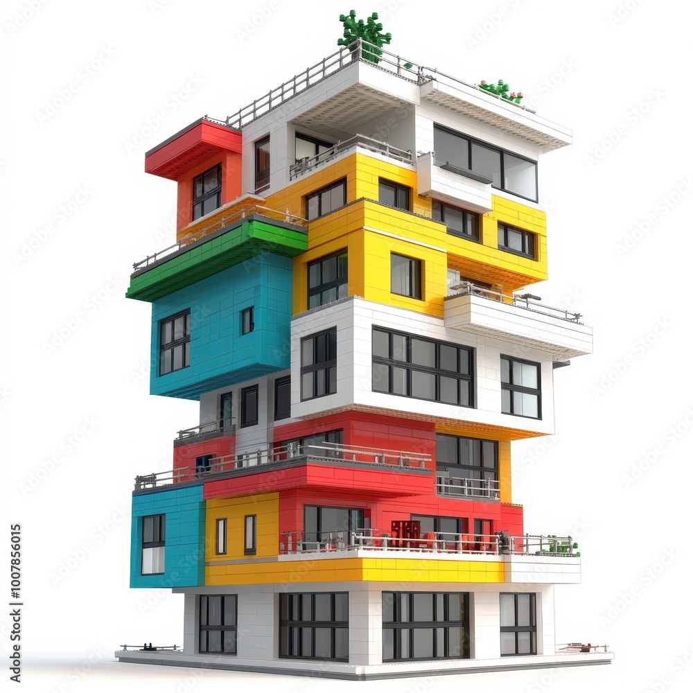 Poster a colorful, modern multi-story building with a unique architectural design.