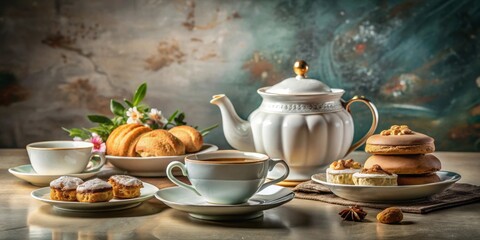 A serene and elegant tea time setting with pastries and teapot , tea, pastries, teapot, elegance, relaxation, afternoon, cozy