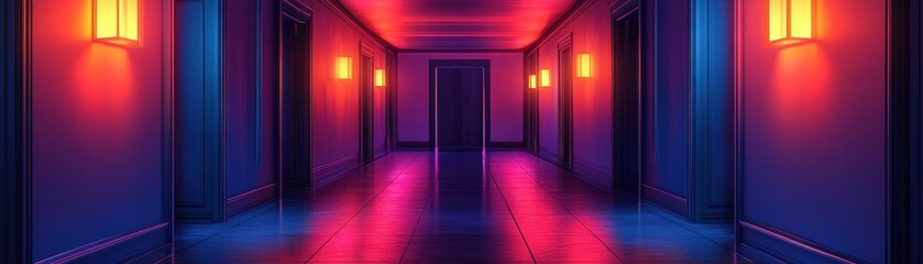 Vibrant Neon Lit Hallway with Symmetrical Design and Reflective Surfaces Creating a Futuristic Ambiance