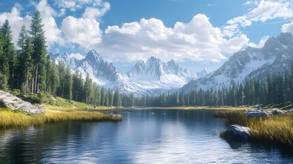Serene Mountain Lake with Snow-Capped Peaks