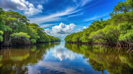 Fototapeta premium Scenic view of tranquil mangrove swamp in Bahia, Brazil , Mangrove, Swamp, Coast, Bahia, Brazil, Tranquil, Horizon, Nature