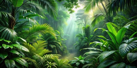 Lush tropical jungle rainforest background with vibrant green foliage and exotic plants, tropical, jungle, rainforest, lush, green