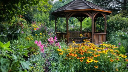 A serene garden scene featuring a wooden gazebo surrounded by vibrant flowers.