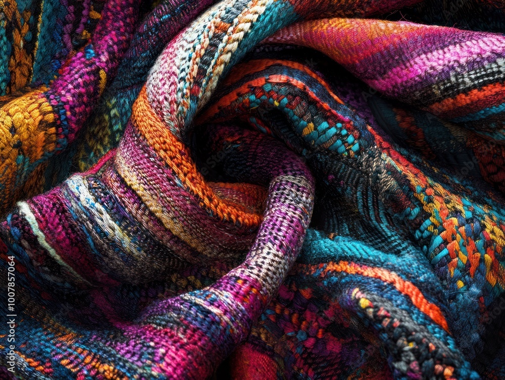 Poster a close-up of a colorful woven textile showcasing intricate patterns and textures.