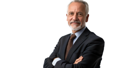Senior Caucasian male executive with arms crossed in corporate office setting on white background