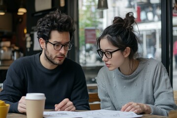 Young creative director collaborating with a writer, discussing the story and visuals for a campaign