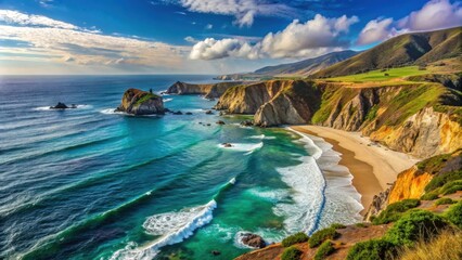 Fototapeta premium Rugged cliffs and pristine beaches along the picturesque Big Sur coastline , California, Pacific Ocean, scenic, landscape