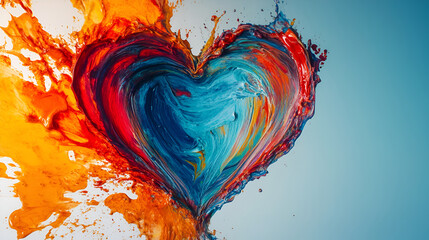 Colorful paint splashes in shape of heart isolated on blue background Heart made of colorful paint splashes on black background Colorful Heart, painted in oil paint on textured blue canvas. 