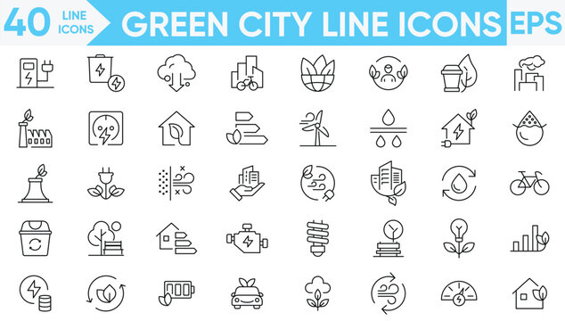 Green city line icons vector and illustrator