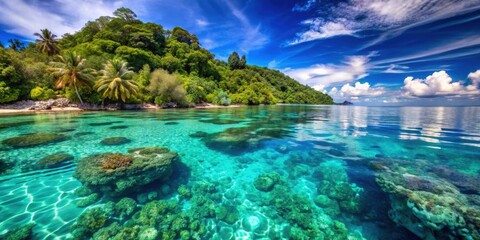 Obraz premium Crystal clear waters teeming with vibrant vegetation and marine life, ideal for snorkeling adventures