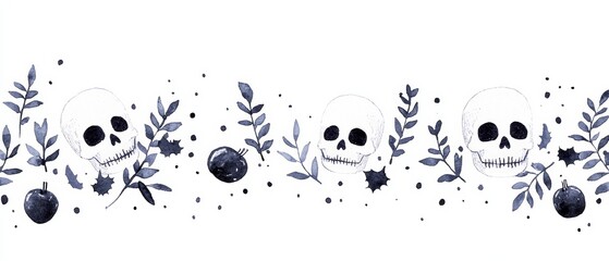 Minimalistic skull and foliage design with black and white elements on a white background, creating a spooky and elegant Halloween frame.