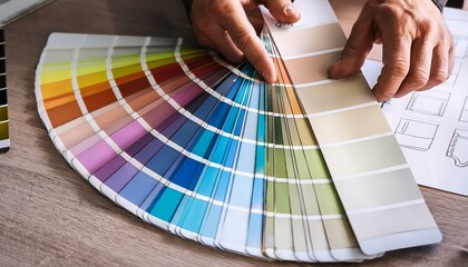 A close-up view of hands selecting color swatches from a fan deck, emphasizing creativity and choice in design.