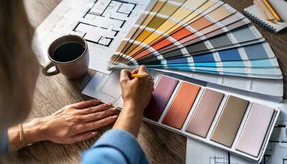A designer selects color palettes while working on an architectural project, showcasing creativity and careful planning.